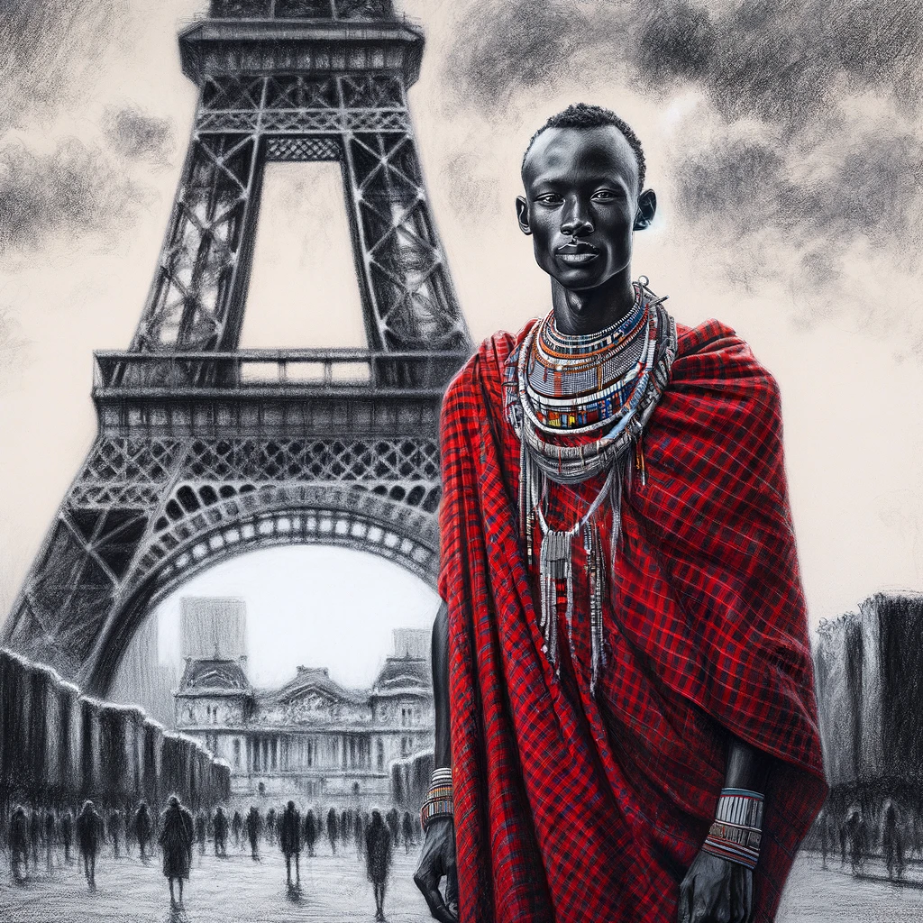 DALL·E 2024-05-08 13.18.41 – A charcoal drawing of a Maasai man in Paris. The drawing depicts the Maasai man standing in front of the iconic Eiffel Tower, blending traditional and